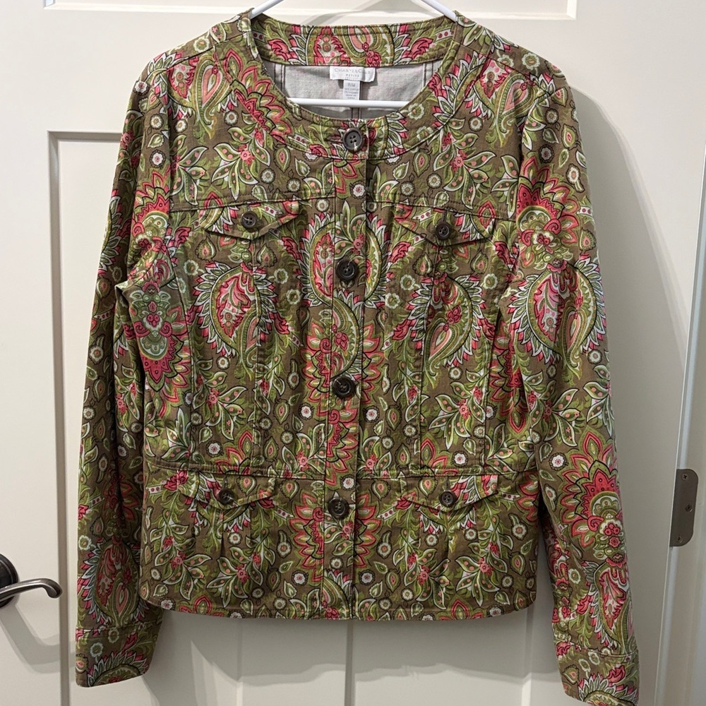 Charter Club Olive and Coral Paisley Utility Jacket